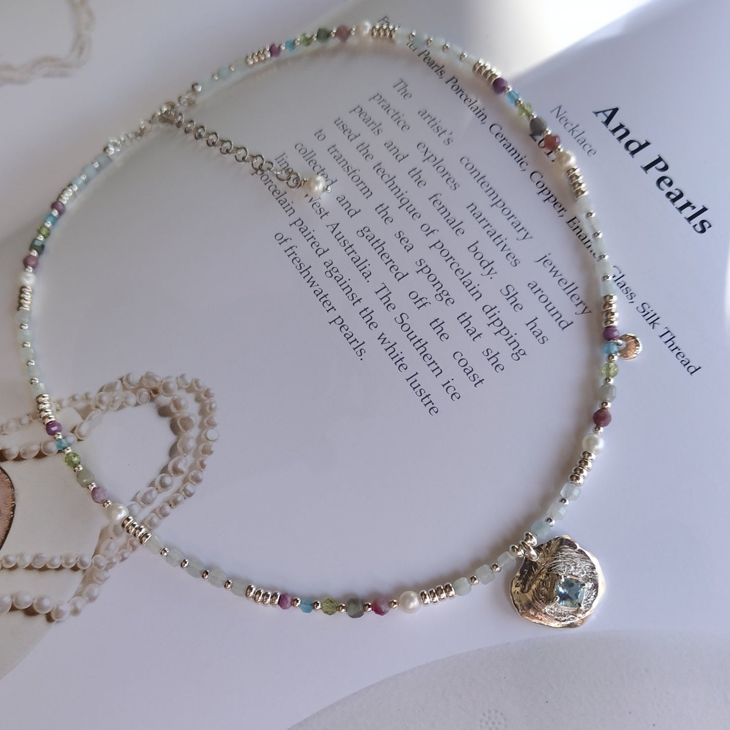 ST020 - Collana con Topazio, Acquamarina e Perle d'Acqua Dolce — Argento 925