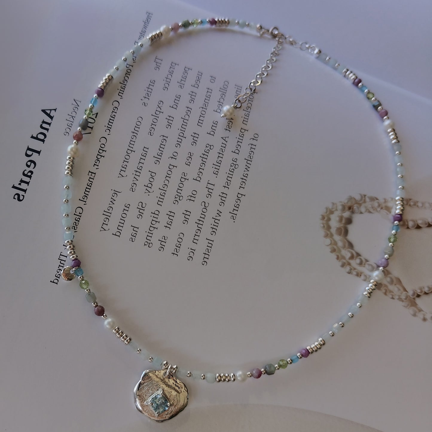 ST020 - Collana con Topazio, Acquamarina e Perle d'Acqua Dolce — Argento 925