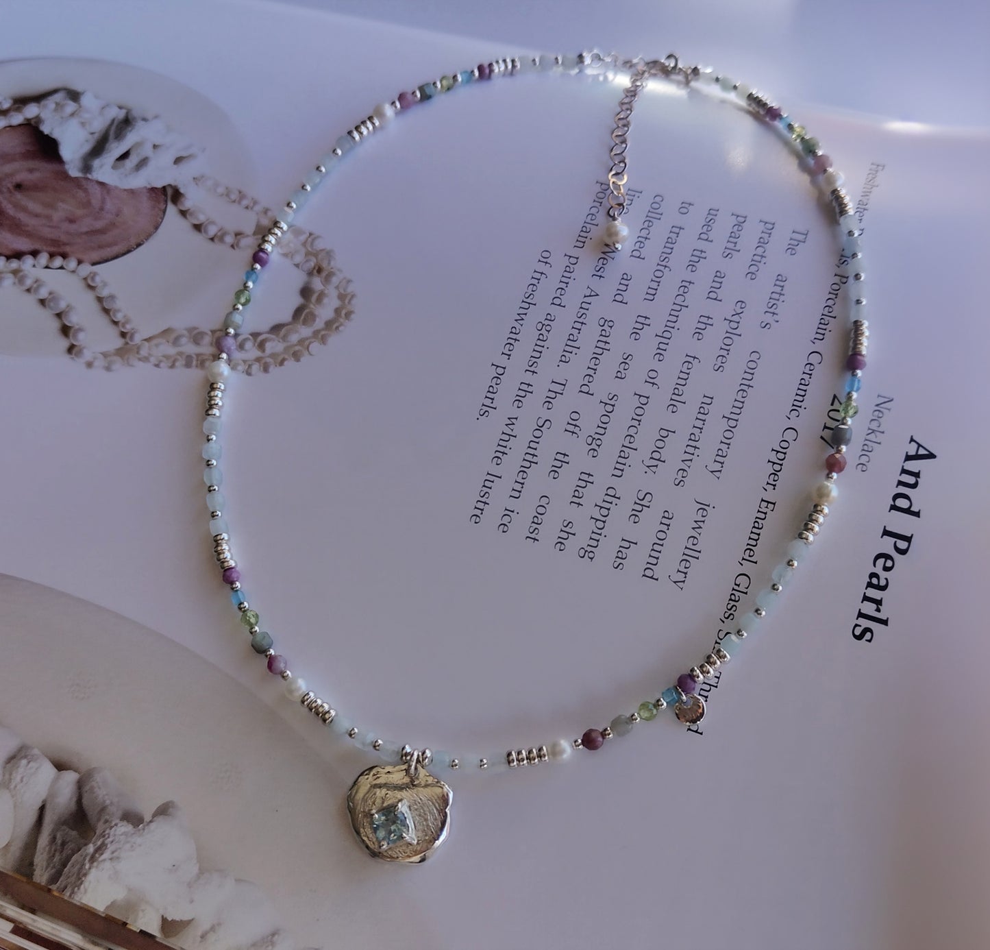 ST020 - Collana con Topazio, Acquamarina e Perle d'Acqua Dolce — Argento 925