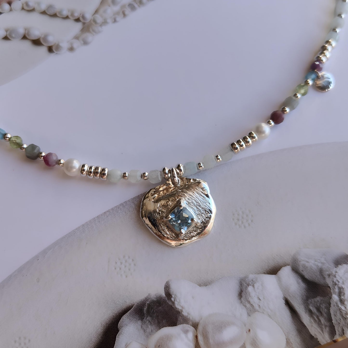 ST020 - Collana con Topazio, Acquamarina e Perle d'Acqua Dolce — Argento 925