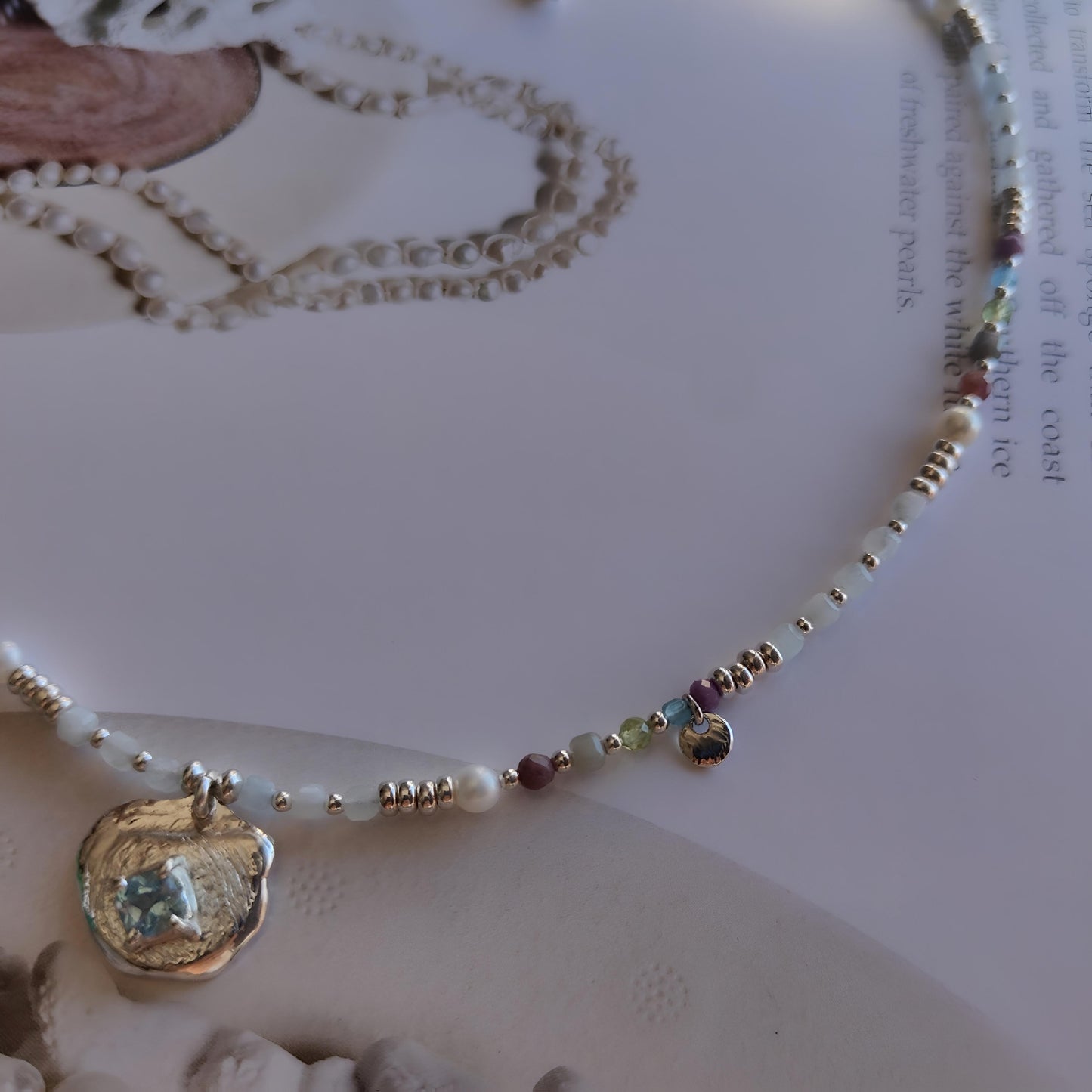 ST020 - Collana con Topazio, Acquamarina e Perle d'Acqua Dolce — Argento 925