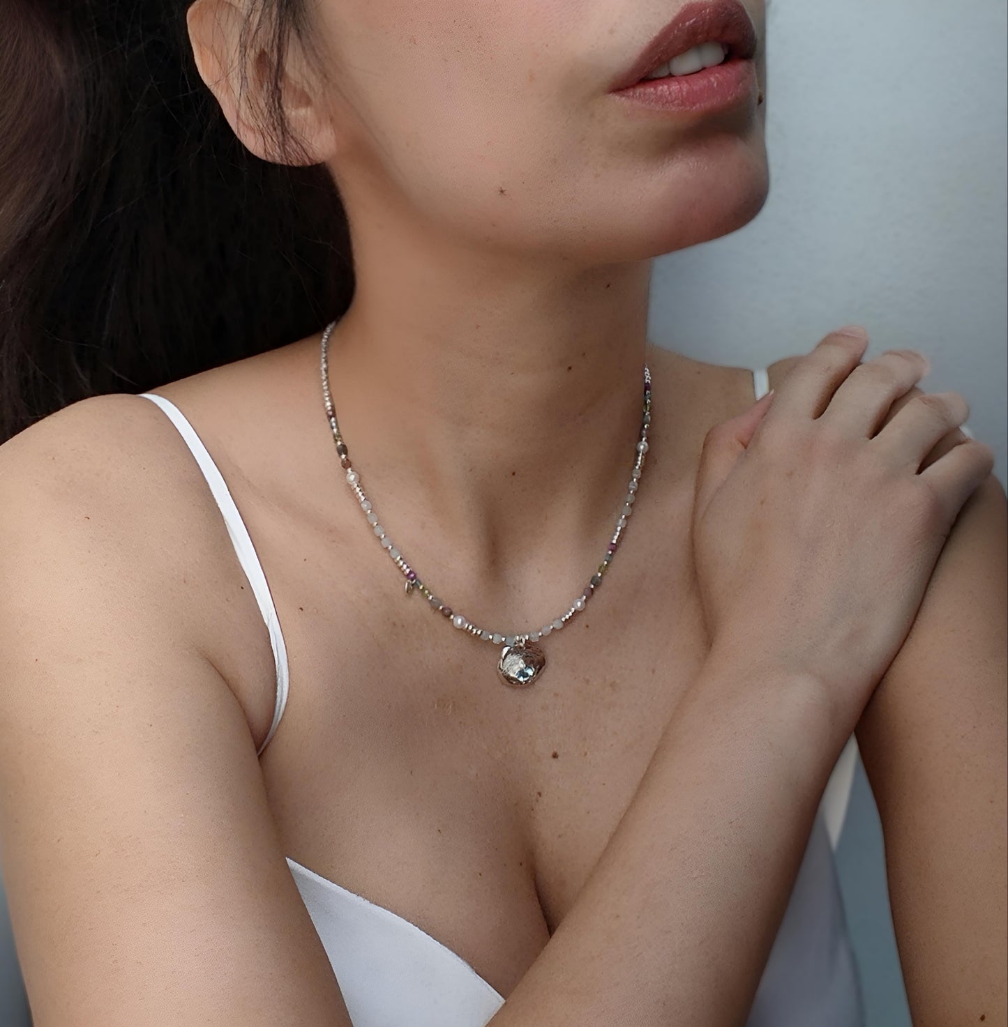 ST020 - Collana con Topazio, Acquamarina e Perle d'Acqua Dolce — Argento 925