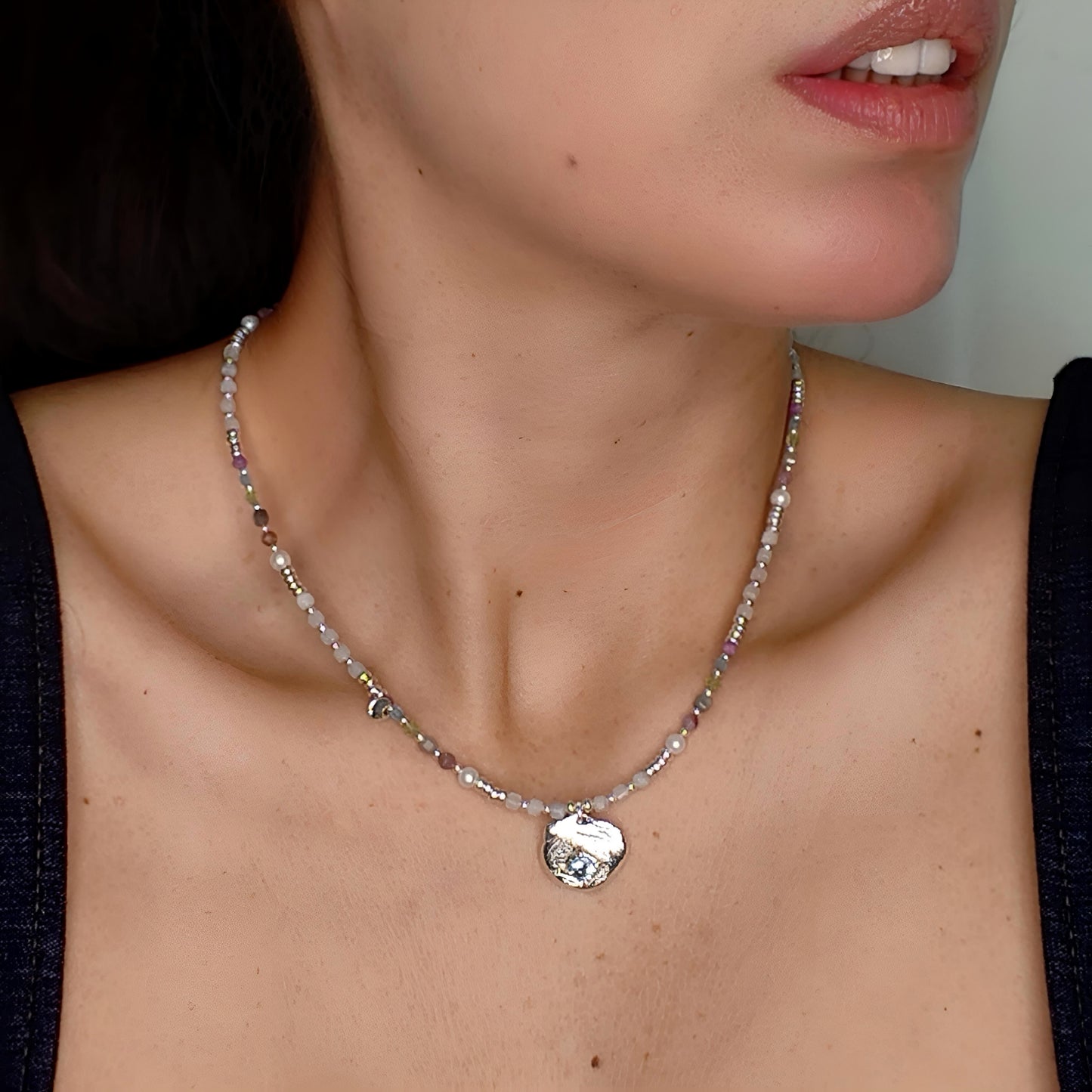ST020 - Collana con Topazio, Acquamarina e Perle d'Acqua Dolce — Argento 925