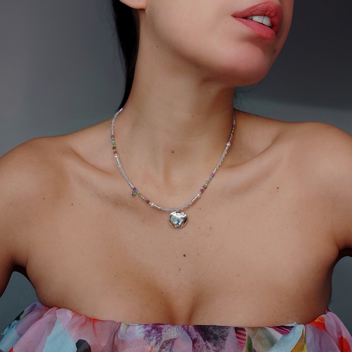 ST020 - Collana con Topazio, Acquamarina e Perle d'Acqua Dolce — Argento 925