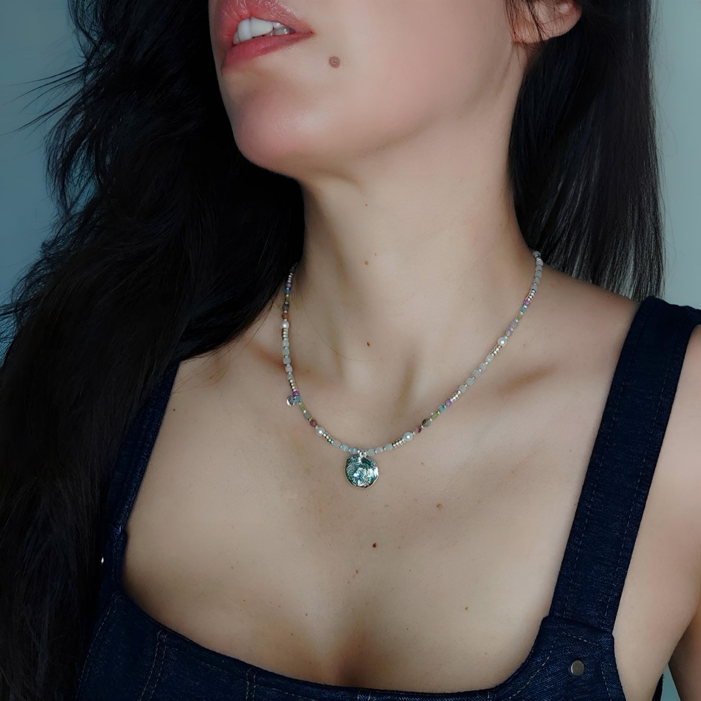 ST020 - Collana con Topazio, Acquamarina e Perle d'Acqua Dolce — Argento 925