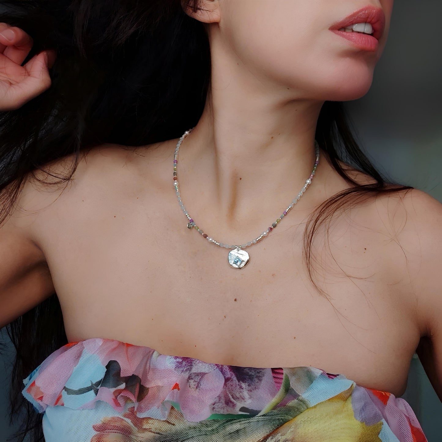 ST020 - Collana con Topazio, Acquamarina e Perle d'Acqua Dolce — Argento 925