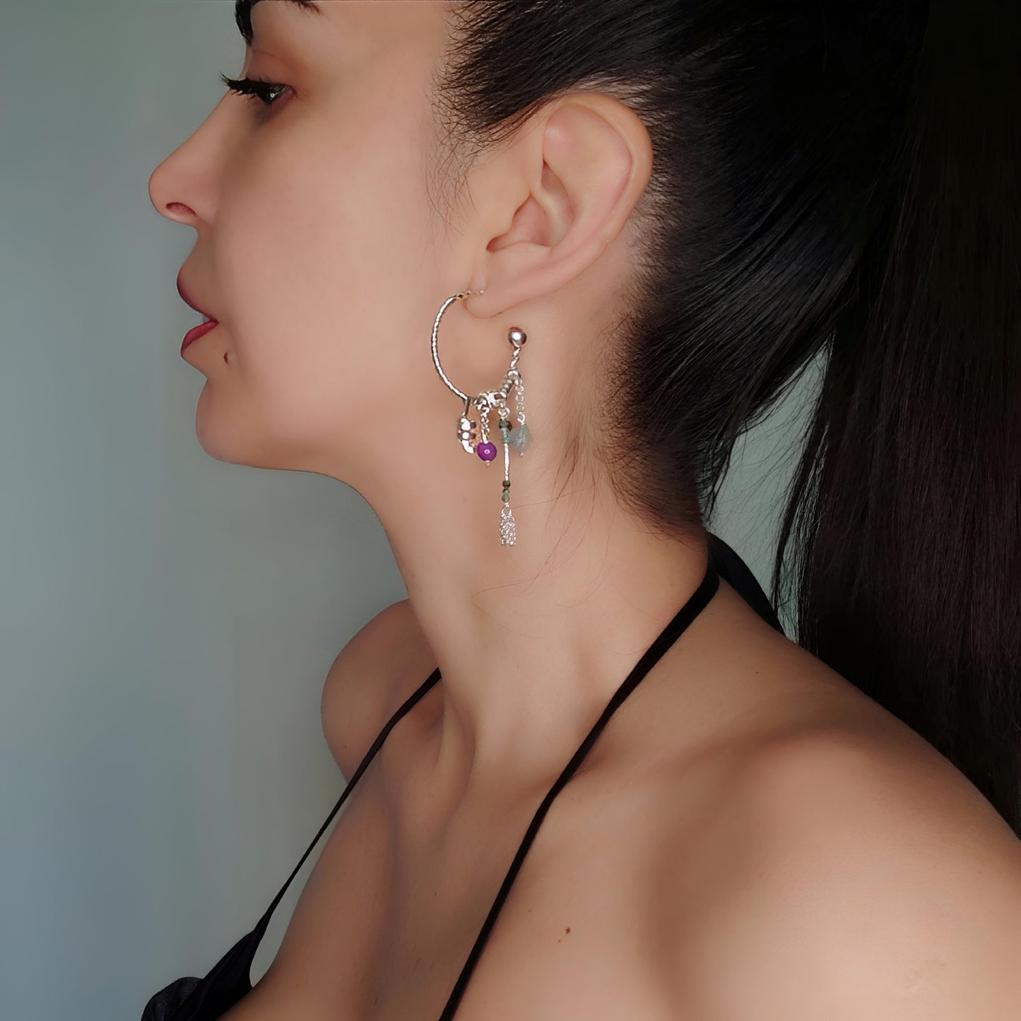ST024 - Orecchini cerchio intrecciato con acquamarina, lepidolite e turchese africano