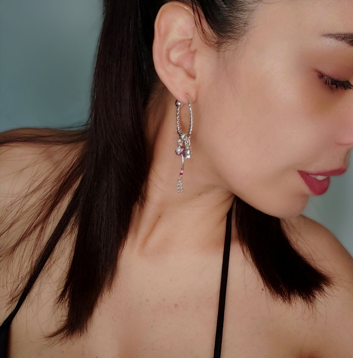 ST025 - Orecchini cerchio intrecciato con ametista, tormalina e perle