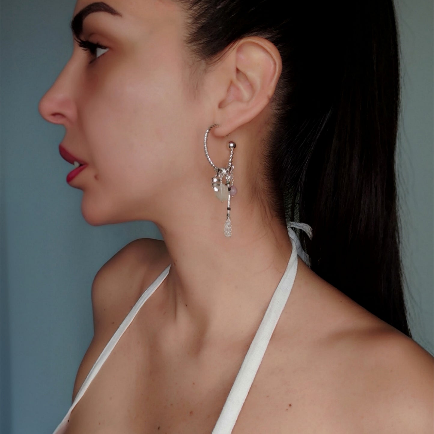 ST023 -Orecchini cerchio intrecciato con prehnite, tormalina rosa e quarzo fumé