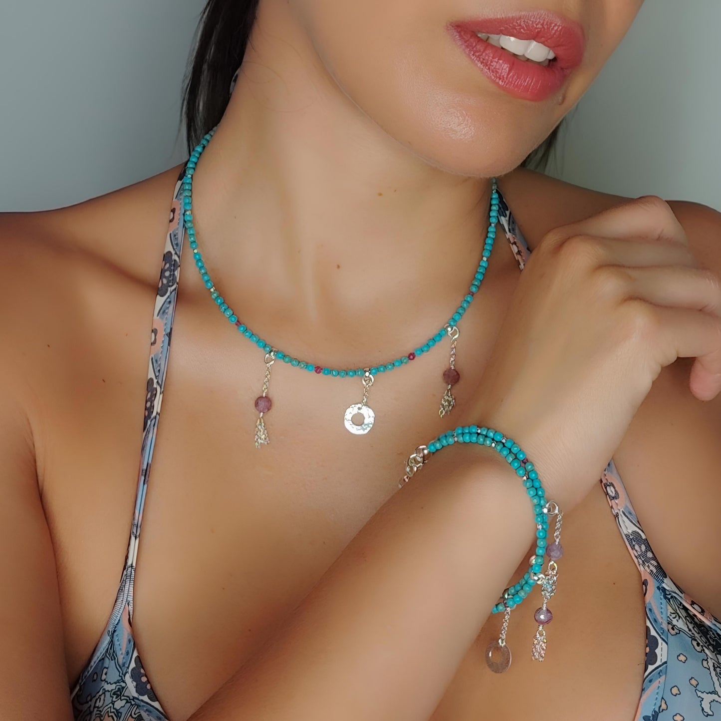 ST028 - Collana turchese — con tormalina e rubino