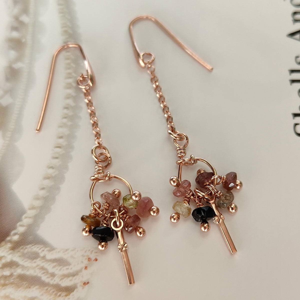 DST037 - Orecchini pendenti con tormaline naturali, argento placcato oro rosa