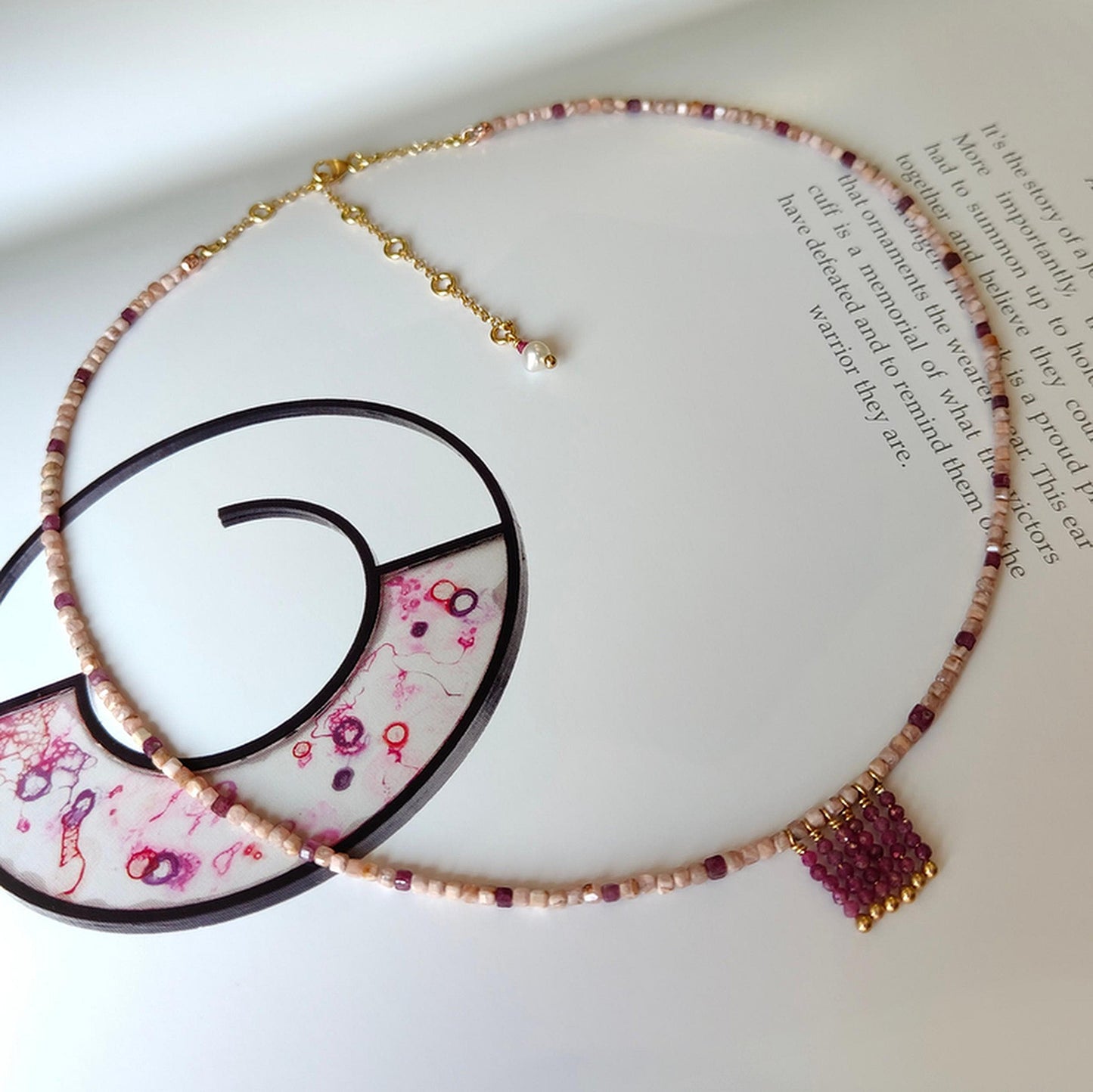 MST035 - Collana Rodocrosite e Rubini – Argento Placcato Oro