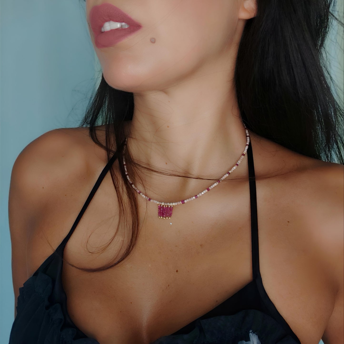 MST035 - Collana Rodocrosite e Rubini – Argento Placcato Oro