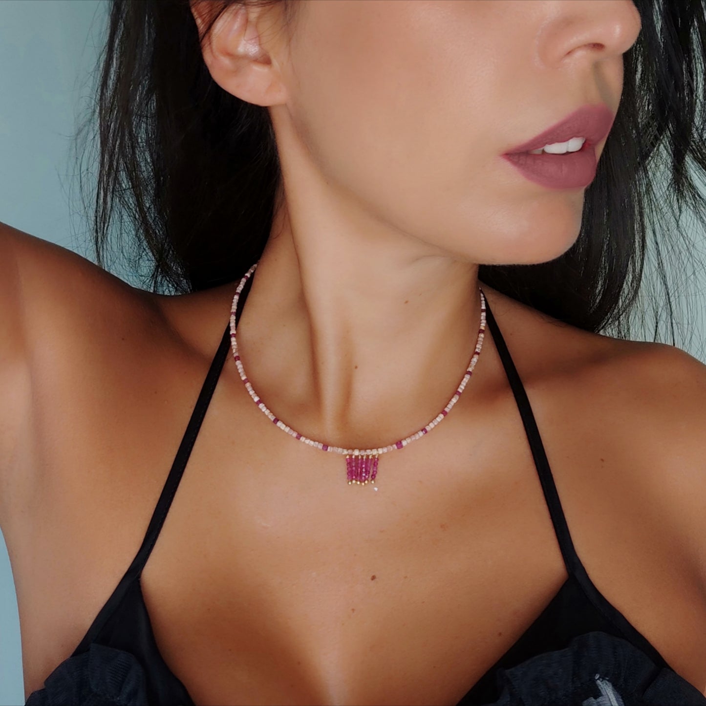 MST035 - Collana Rodocrosite e Rubini – Argento Placcato Oro