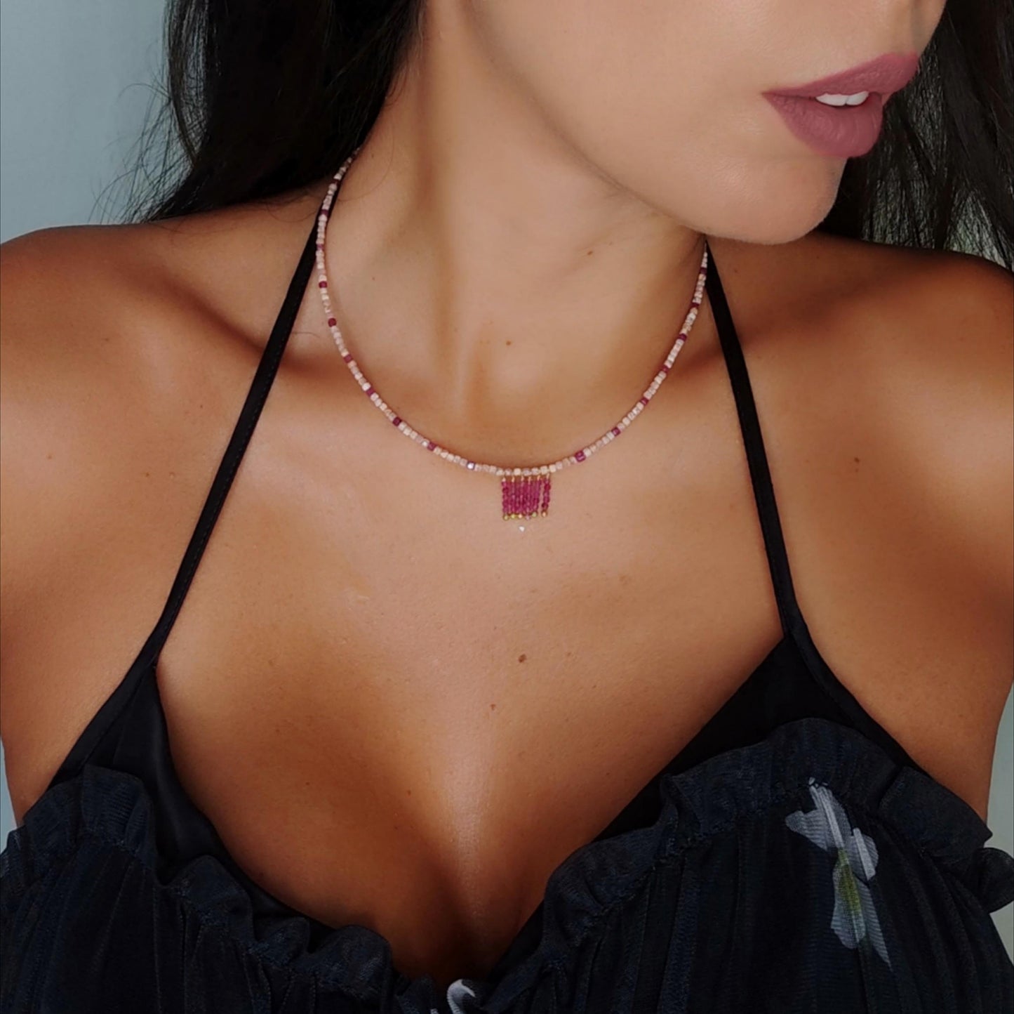 MST035 - Collana Rodocrosite e Rubini – Argento Placcato Oro