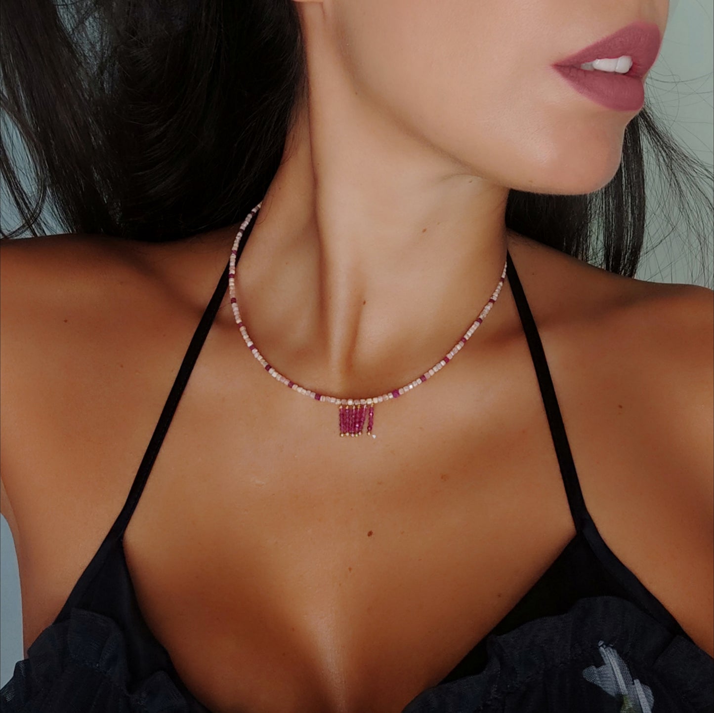 MST035 - Collana Rodocrosite e Rubini – Argento Placcato Oro