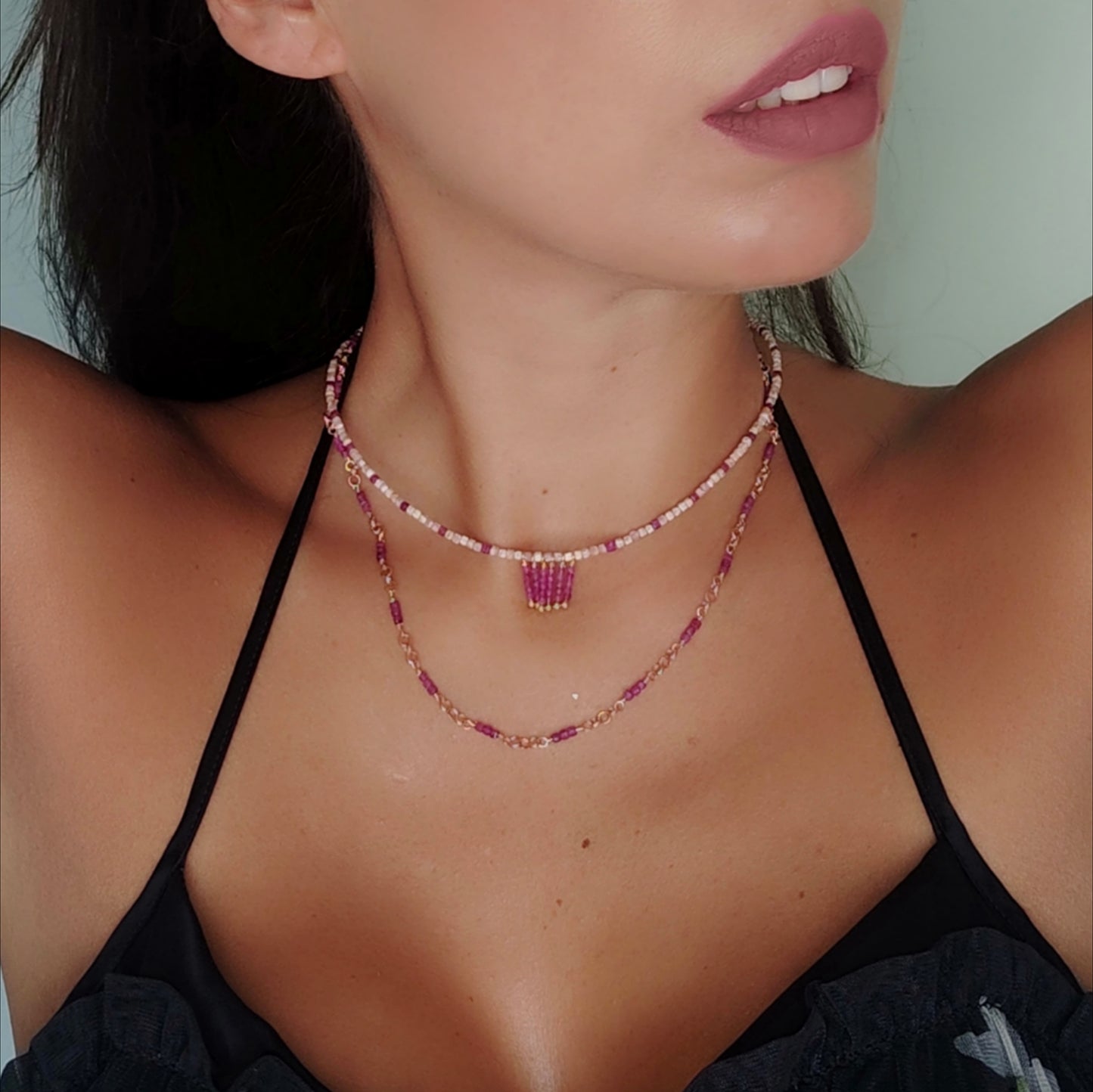 MST035 - Collana Rodocrosite e Rubini – Argento Placcato Oro
