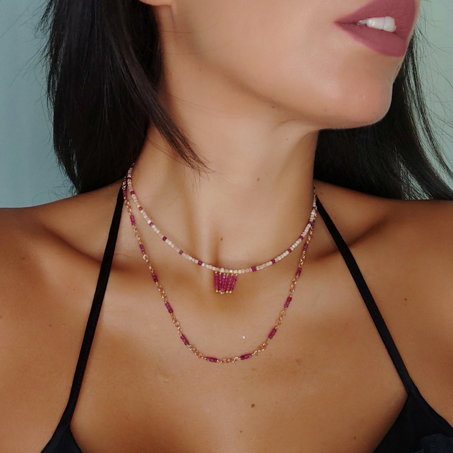MST035 - Collana Rodocrosite e Rubini – Argento Placcato Oro