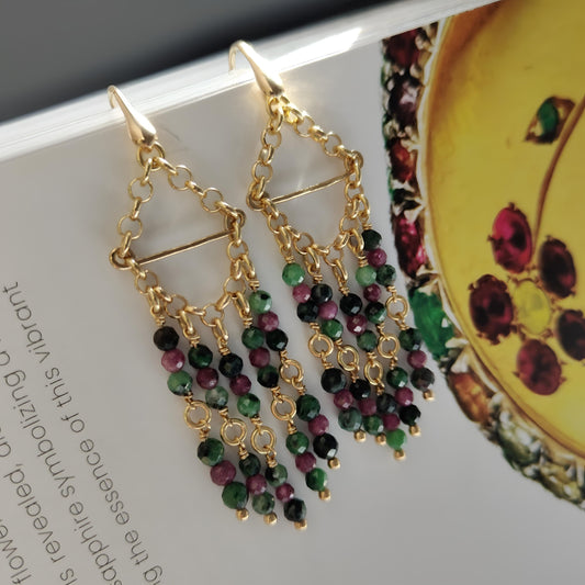 ST016 - Orecchini Pendenti Argento 925 Dorato – Rubino Zoisite Smeraldo Sfaccettati