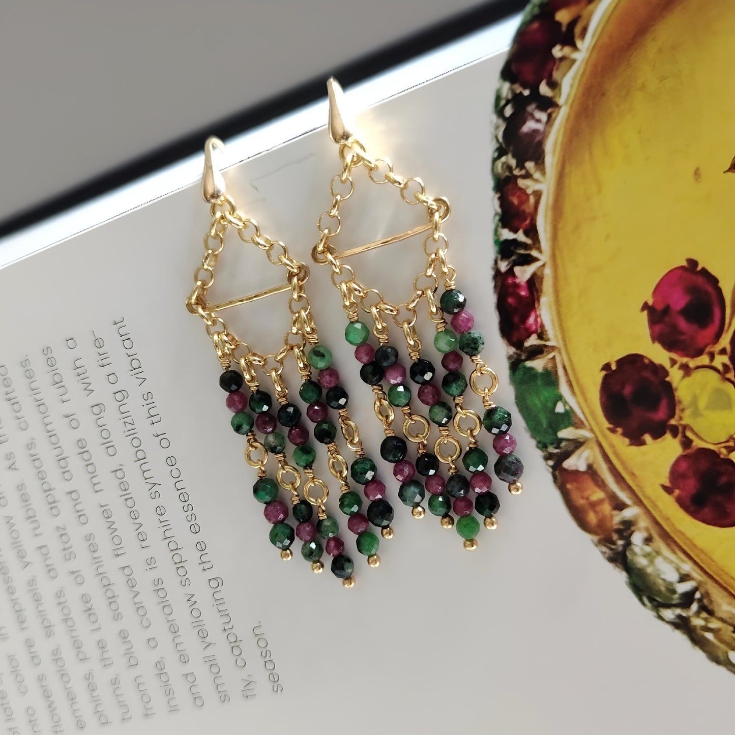 ST016 - Orecchini Pendenti Argento 925 Dorato – Rubino Zoisite Smeraldo Sfaccettati